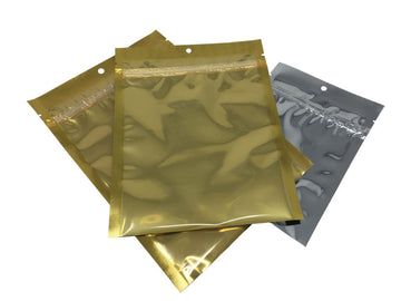 7" x 10" 5 Mil Clear / 3mil Met Zipper Vacuum Bags w/ Hang Hole (Clear Front / Gold Back), 100pcs